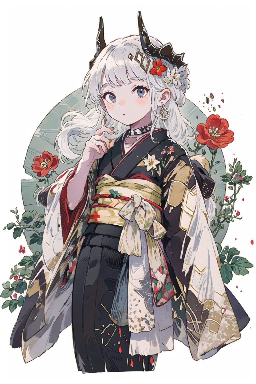 1girl, flower, obi ,Obsidian,horns,
flower, print kimono,
<lora:styleHanamizake-000005:1>, <lora:Arknights-mudrock-Obsidian (With multires noise version):1>