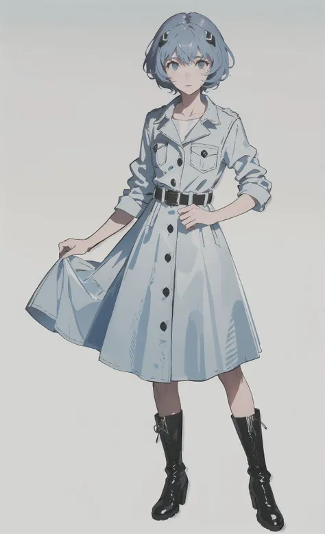 ((masterpiece, best quality)), Eva, AYANAMI REI,
1 girl, long face, shiny eyes, light blue hair, messy hair, belt, coat, leisure dress, long dress, boots, full body,
light background, gradient background, looking at viewer, callous ruthless, cold eyes, standing pose,
<lora:style_ASK:0.9>