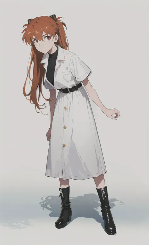 ((masterpiece, best quality)), Asuka Langley Soryu, eva, 
1 girl, long face, red eyes, long hair, messy hair, belt, coat, chemise, long dress, boots, full body, 
light background, gradient background, looking at viewer, callous ruthless, cold eyes, standing pose, 
<lora:style_ASK:0.9>