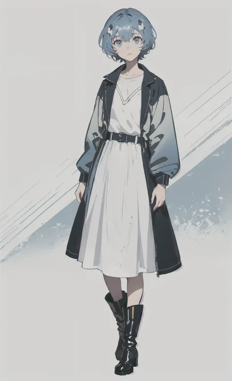 ((masterpiece, best quality)), Eva, AYANAMI REI,
1 girl, long face, shiny eyes, light blue hair, messy hair, belt, coat, leisure dress, long dress, boots, full body,
light background, gradient background, looking at viewer, callous ruthless, cold eyes, standing pose,
<lora:style_ASK:0.9>