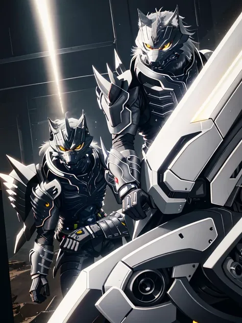 male, handsome, powerful muscular body, breathtaking beauty, pure perfection, unforgettable, impressive, chiaroscuro, vivid colors, dynamic perspective, side lighting, rim lighting, (highly detailed), (Masterpiece), 8K CGI video game, (masterpiece:1.3), (best quality:1.5), anthro, (muscular), old, aged up, dynamic lighting, color grading, cinematic lighting, 8K, hi-fi, (perfect proportions:1.2),
luminous reflections, rtx on, subspace scattering, (subsurface scattering:1.1), dynamic hdr tone mapping, (volumetric lighting:1.2), (screenspace reflection:0.7), (Physically-Based Rendering:1.35), (Unity Wata environmental lighting:0.4), maximal attention to correctness and detail,
black leather body suit, polished black armor, a wolf headed man in black armor with a horned wolf face helmet, black metal armor, grey wolf, grey body, grey skin, grey fur, villain, glowing yellow eyes, long white hair, wolf face helmet, wolf face mask, single horn on forehead, powerful muscular warrior like body, opened armored leather long jacket, thick arms, thick legs, wide thick chest, large pecs, abs,
<lora:ZenAku(PowerRangersWildForce)(AD):0.85>