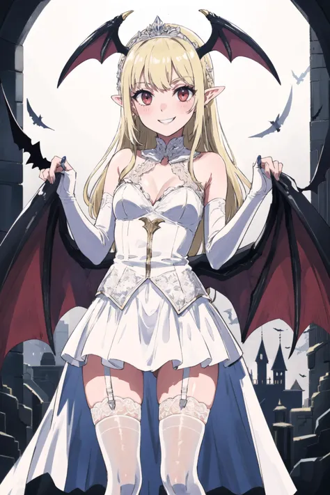 masterpiece, best quality,1girl, solo, bangs, bare shoulders, bat wings, blonde hair, blush, breasts, bridal gauntlets, seductive smile, eyes visible through hair, fingernails, garter straps, hair ornament, long hair, looking at viewer, pointy ears, red eyes, small breasts, thighhighs, castle, vampire, white thighhighs, wings, night, standing, grin