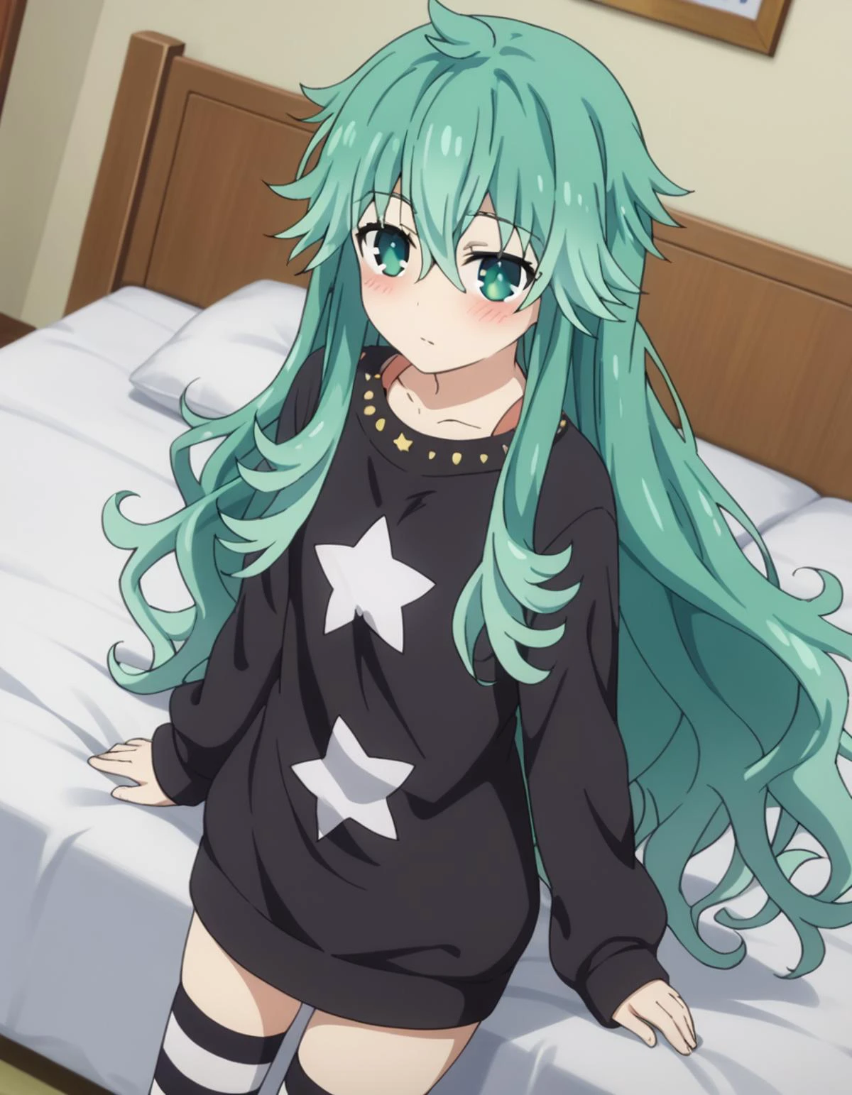 score_9, score_8_up, score_7_up, source_anime,
natsumikyouno, <lora:natsumi-kyouno-s4s5-ponyxl-lora-nochekaiser:1>,
natsumi kyouno, long hair, very long hair, green hair, aqua hair, green eyes,
thighhighs, long sleeves, striped, star \(symbol\), sweater, striped thighhighs, star print,
indoors, bed, bed room, on side, blush, drunk,
looking at viewer, solo, cowboy shot, dutch angle,