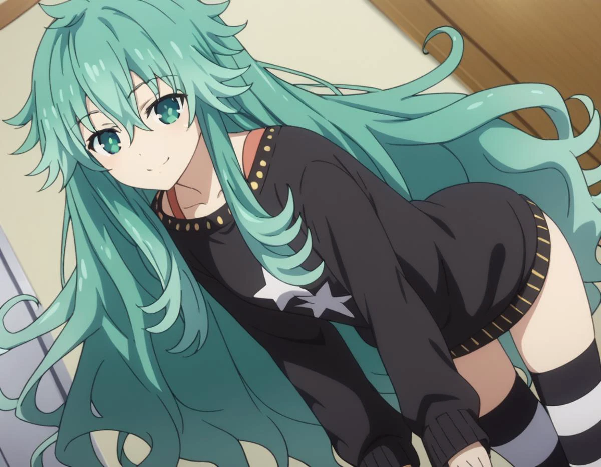 score_9, score_8_up, score_7_up, source_anime,
natsumikyouno, <lora:natsumi-kyouno-s4s5-ponyxl-lora-nochekaiser:1>,
natsumi kyouno, long hair, very long hair, green hair, aqua hair, green eyes,
thighhighs, long sleeves, striped, star \(symbol\), sweater, striped thighhighs, star print,
indoors, bent over, smile,
looking at viewer, solo, cowboy shot, dutch angle,