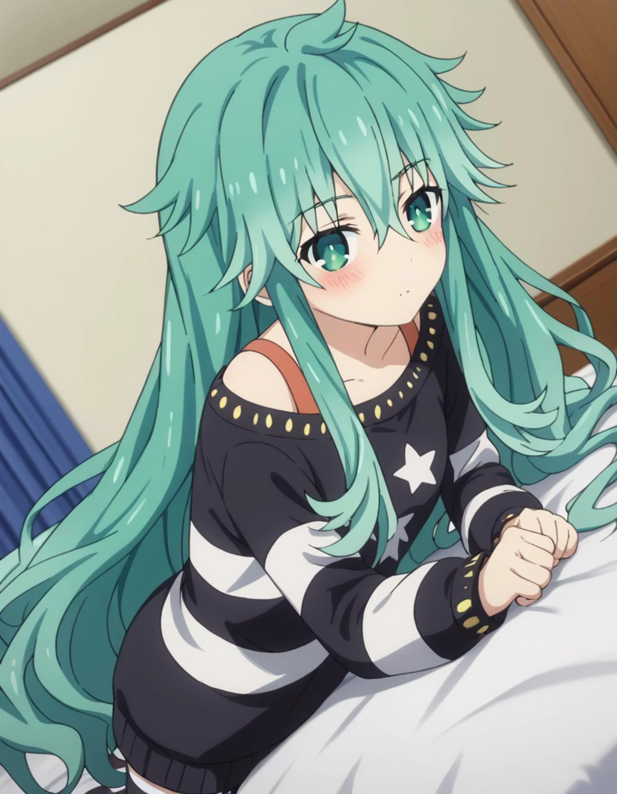 score_9, score_8_up, score_7_up, source_anime,
natsumikyouno, <lora:natsumi-kyouno-s4s5-ponyxl-lora-nochekaiser:1>,
natsumi kyouno, long hair, very long hair, green hair, aqua hair, green eyes,
thighhighs, long sleeves, striped, star \(symbol\), sweater, striped thighhighs, star print,
indoors, bed, bed room, on side, blush, drunk,
looking at viewer, solo, cowboy shot, dutch angle,