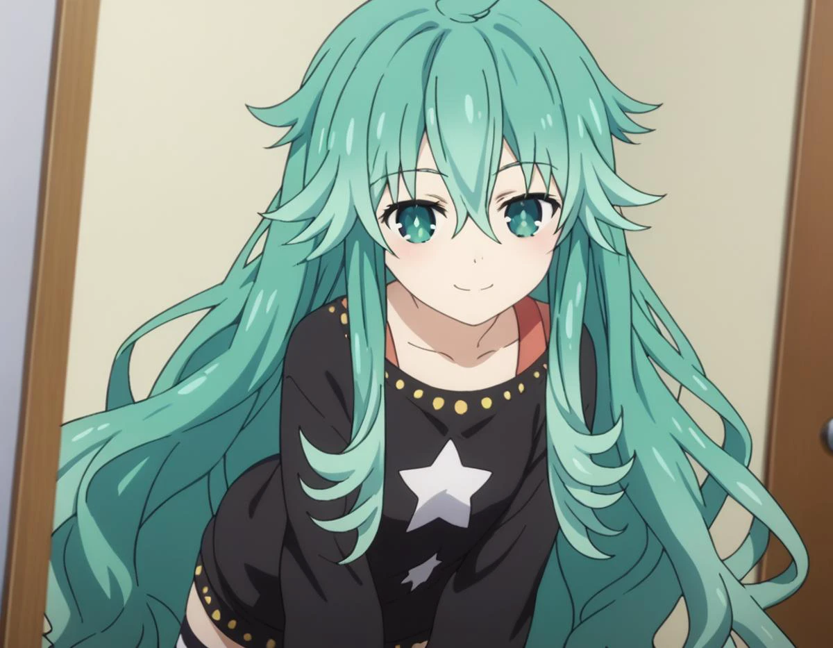 score_9, score_8_up, score_7_up, source_anime,
natsumikyouno, <lora:natsumi-kyouno-s4s5-ponyxl-lora-nochekaiser:1>,
natsumi kyouno, long hair, very long hair, green hair, aqua hair, green eyes,
thighhighs, long sleeves, striped, star \(symbol\), sweater, striped thighhighs, star print,
indoors, bent over, smile,
looking at viewer, solo, cowboy shot, dutch angle,