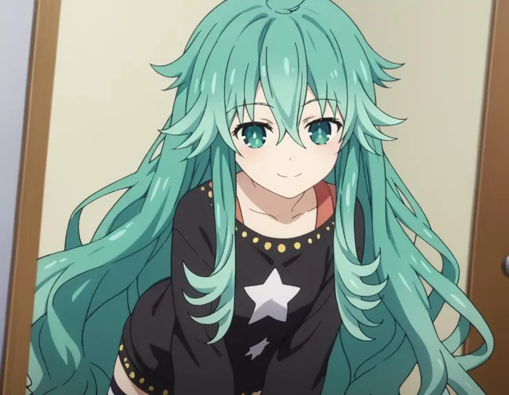 score_9, score_8_up, score_7_up, source_anime,
natsumikyouno, <lora:natsumi-kyouno-s4s5-ponyxl-lora-nochekaiser:1>,
natsumi kyouno, long hair, very long hair, green hair, aqua hair, green eyes,
thighhighs, long sleeves, striped, star \(symbol\), sweater, striped thighhighs, star print,
indoors, bent over, smile,
looking at viewer, solo, cowboy shot, dutch angle,