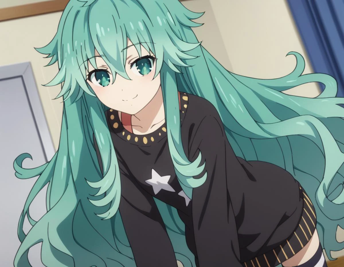 score_9, score_8_up, score_7_up, source_anime,
natsumikyouno, <lora:natsumi-kyouno-s4s5-ponyxl-lora-nochekaiser:1>,
natsumi kyouno, long hair, very long hair, green hair, aqua hair, green eyes,
thighhighs, long sleeves, striped, star \(symbol\), sweater, striped thighhighs, star print,
indoors, bent over, smile,
looking at viewer, solo, cowboy shot, dutch angle,