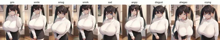 score_9, score_8_up, score_7_up, source_anime, 1girl,blue eyes,twintails, black hair, long hair, turtleneck sweater, white sweater, black skirt, grin,looking at viewer, from front, bedroom, standing, huge breasts <lora:hsuliherng-Style-PonyXL-Dora-v1.2-000072:1>