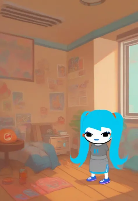 zPDXL, zPDXLxxx, score_9, score_8_up, score_7_up, score_6_up, score_5_up, score_4_up, BREAK source_cartoon, <lora:Homestuck_for_PonyXL:1.2>, homestuck, solo, 1girl, indoors, full body, miku_hatsune, twintails, dress, blue hair, standing, looking at viewer, long hair, full body, black eyes, chibi, spot color