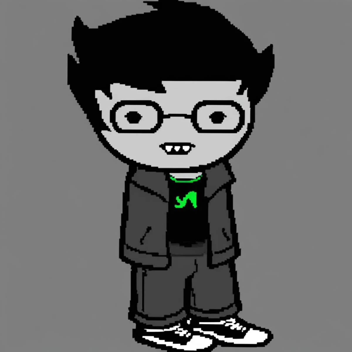 homestuck, 1boy, solo, shoes, jacket, simple background, transparent background, shirt, full body, standing, chibi, black hair, glasses, looking at viewer, teeth, open clothes, shorts, short hair, pants, jewelry, long sleeves, sneakers, open jacket, spot color