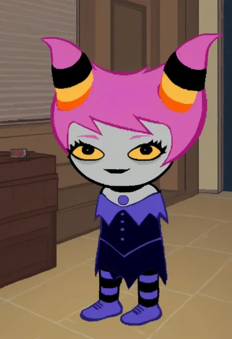 zPDXL, zPDXLxxx, score_9, score_8_up, score_7_up, score_6_up, score_5_up, score_4_up, BREAK source_cartoon, <lora:Homestuck_for_PonyXL:1.1>, homestuck, solo, 1girl, indoors, full body, <lora:Jinx_DC_for_PonyXL:0.8>, jinx \(dc\), 1girl, solo, striped clothes, thighhighs, standing, pantyhose, striped thighhighs, twintails, choker, dress, closed mouth, short hair, collar, street, smug smile, standing, looking at viewer, long hair, full body, black eyes, (chibi:1.1), grey skin, yellow sclera, horns