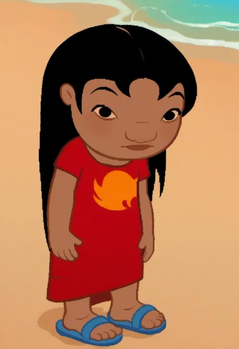 zPDXL, zPDXLxxx, score_9, score_8_up, score_7_up, score_6_up, score_5_up, score_4_up, BREAK source_cartoon, <lora:Homestuck_for_PonyXL:1.1>, homestuck, solo, 1girl, indoors, full body, <lora:Lilo_Pelekai_for_PonyXL:0.8>, lilo_pelekai, 1girl, solo, dress, sandals, no arms, red dress, , female childnding on the beach, standing, looking at viewer, full body, black eyes, (chibi:1.1),