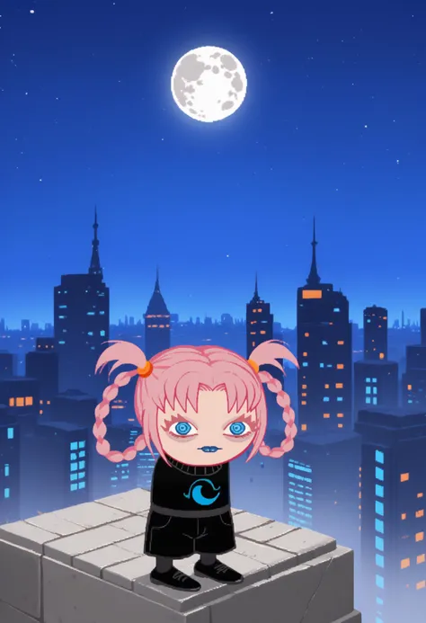 score_9, score_8_up, score_7_up, score_6_up BREAK nanakusa nazuna, pink hair, braid, hair rings, ringed eyes,black crop top, sleeveless turtleneck, black shorts, black thighhighs, homestuck, cityscape, night, moon, (chibi:1.1)<lora:callofthenight_nanakusa_ponyXL:1> <lora:Homestuck_for_PonyXL:1.1>