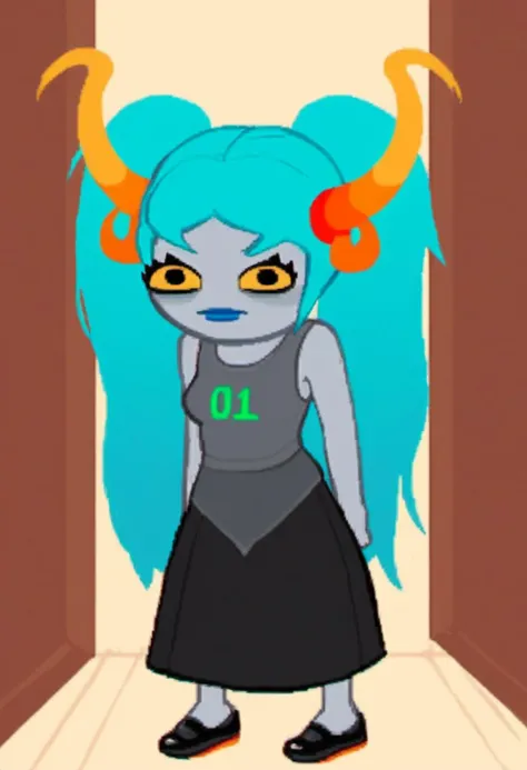 zPDXL, zPDXLxxx, score_9, score_8_up, score_7_up, score_6_up, score_5_up, score_4_up, BREAK source_cartoon, <lora:Homestuck_for_PonyXL:1.1>, homestuck, solo, 1girl, indoors, full body, hatsune_miku, twintails, dress, blue hair, standing, looking at viewer, long hair, full body, black eyes, (chibi:1.1), grey skin, yellow sclera, horns