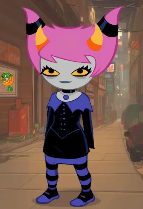 zPDXL, zPDXLxxx, score_9, score_8_up, score_7_up, score_6_up, score_5_up, score_4_up, BREAK source_cartoon, <lora:Homestuck_for_PonyXL:1.1>, homestuck, solo, 1girl, indoors, full body, <lora:Jinx_DC_for_PonyXL:0.8>, jinx \(dc\), 1girl, solo, striped clothes, thighhighs, standing, pantyhose, striped thighhighs, twintails, choker, dress, closed mouth, short hair, collar, street, smug smile, standing, looking at viewer, long hair, full body, black eyes, (chibi:1.1), grey skin, yellow sclera, horns
