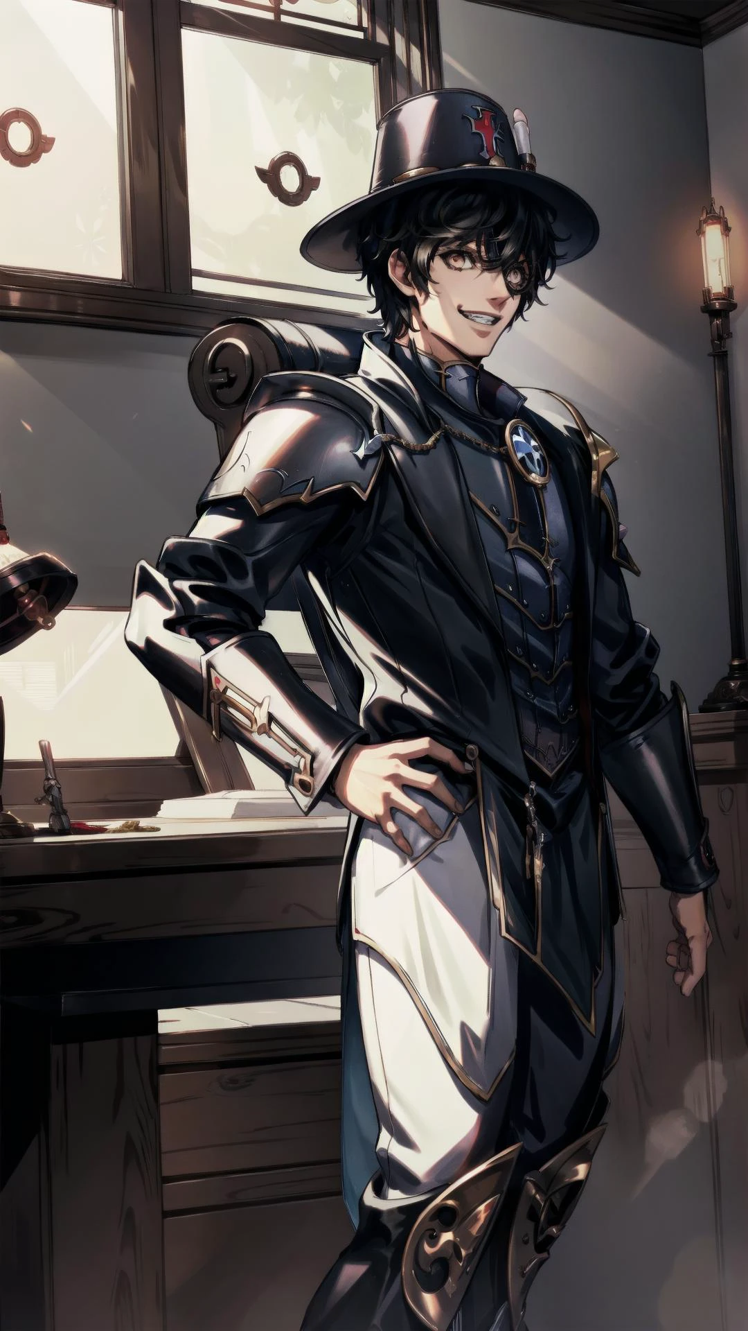 <lora:Inquisitor Katarinya Greyfax - 40K:0.7> sword, hat, inquisition \(warhammer\), inquisition, power armor, BREAK, <lora:dsjoker-v2:0.8> dsjoker, persona 5, amamiya ren, joker, (1boy:1.15), brown eyes, black hair, short hair, messy hair, BREAK, (thief mask), grin, BREAK,, masterpiece, best quality, extremely detailed, highly quality, 4k, sharp focus, professional, sharp focus, award winning, cinematic lighting, octane render, unreal engine, volumetrics dtx, Wallpaper,