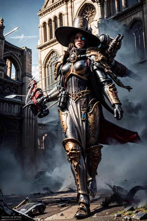 volumetric cinematic lighting, (highly detailed:1.4), smooth, sharp focus, full body 8k, action shot, realistic reflections, cinematic composition, <lora:tool - more_details:0.7>
greyfax, <lora:Greyfax MK1 by CARAXES:0.8>
detailed armor, detailed face, hat, monocle details, detailed crossbow, detailed sword,
intricate ornamented, full armor, holding sword, holding crossbow, dual wielding
black hair, long hair, pretty face, skin pores, rugged, metallic armor, panting, catching a breath, running, dodging bullets, dynamic posture, jumping above ruined buildings, cathedral,
ruined cathedral, war, urban landscape background, particles floating, clear sky, bright cinematic lighting, soft shadows,