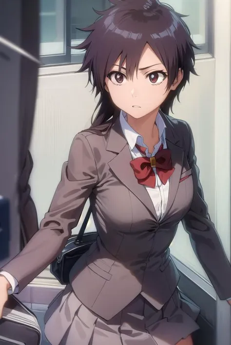 tatsuki, <lyco:tatsuki-lyco-nochekaiser:1>,
tatsuki, short hair, black hair, long hair, (brown eyes:1.5),
BREAK skirt, bow, school uniform, jacket, blazer, red bow, long sleeves, grey blazer, grey skirt,
BREAK looking at viewer, upper body, full body, cowboy shot,
BREAK indoors,
BREAK <lyco:GoodHands-beta2:1>, (masterpiece:1.2), best quality, high resolution, unity 8k wallpaper, (illustration:0.8), (beautiful detailed eyes:1.6), extremely detailed face, perfect lighting, extremely detailed CG, (perfect hands, perfect anatomy),
