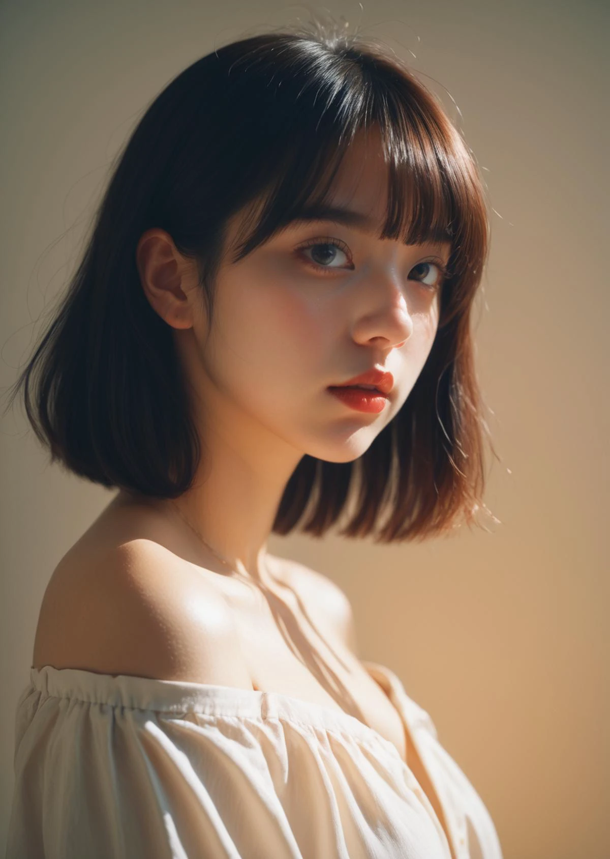 1girl , bangs
off shoulder, oversized shirt
cleavage
color
gradient
shadow dramatic lighting Detailed skin
(lofi, analog, film grains)
(photo by Robert Stivers Hayv Kahraman)