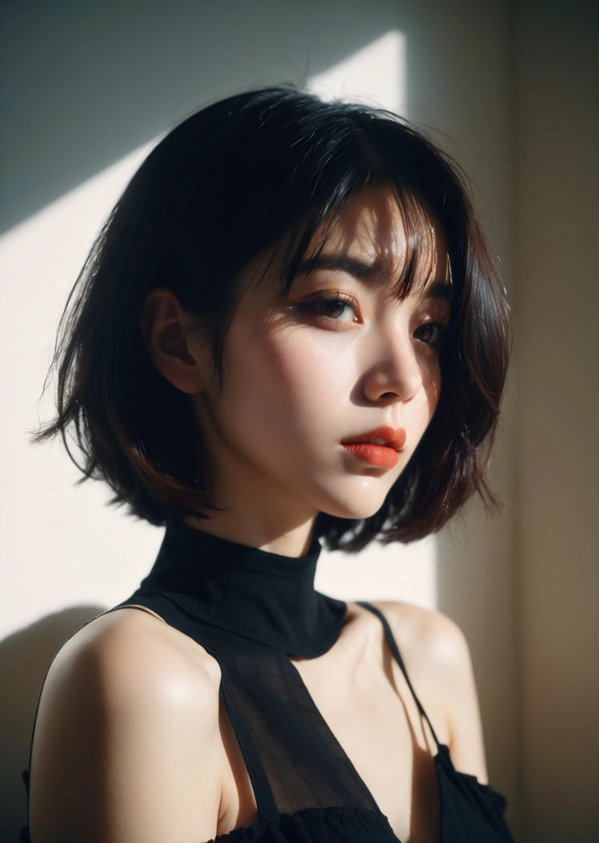 1girl , dirty, off shoulder, oversized pants sexy
bob cut,
shadow dramatic lighting Detailed skin
(lofi, analog, film grains)
(photo by Robert Stivers )