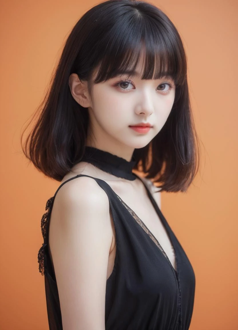 1girl,hair with bangs,black long dress,orange background,