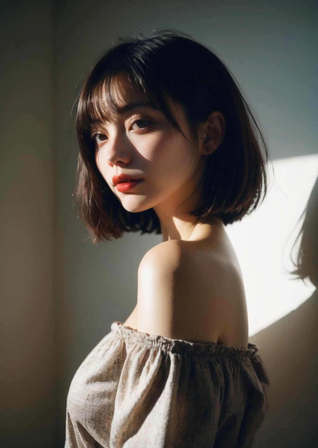 1girl , dirty, off shoulder, oversized pants sexy
bob cut,
shadow dramatic lighting Detailed skin
(lofi, analog, film grains)
(photo by Robert Stivers )