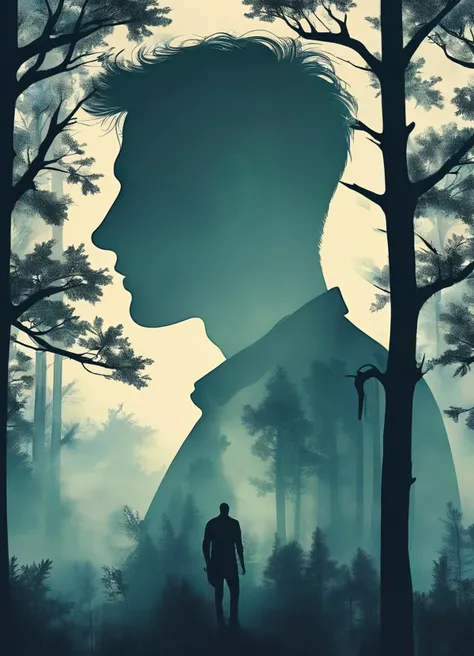 cartoon illustration of a man merged into a dark forest scene, simplistic,symbolic, artistic, abstract,
Jed-dblexpsre effect , double exposure,
<lora:DoubleExposure:0.8>