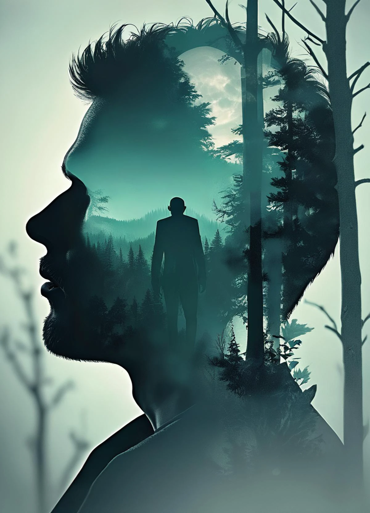 cartoon illustration of a man merged into a dark forest scene, simplistic,symbolic, artistic, abstract,
Jed-dblexpsre effect , double exposure,
<lora:DoubleExposure:0.8>