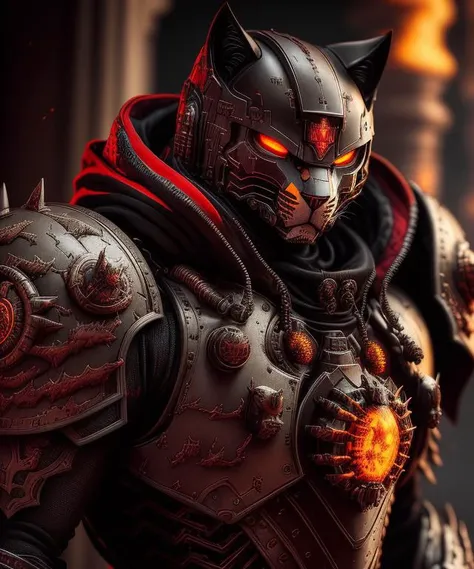 Cat in power armor-hoodie adeptus mechanicus, eyepieces, finely detailed armor, looking away, encrusted with skulls, black and red, warhammer 40k, dark tones, fire burning rome empire in the background, sparks, cinematic lighting, hyper realistic instricate designs <lora:fusionart_v3:0.85>