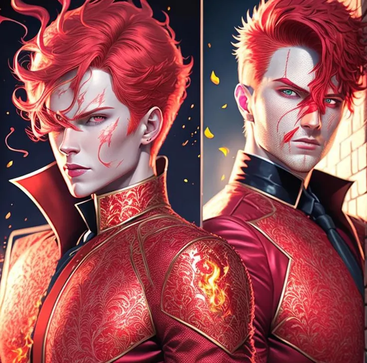 red haired person, flames, serious expression <lora:fusionart_v3:1>