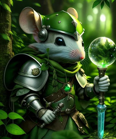 Medieval, mouse, armor, helmet, sword, forest, crystal ball, dense, trees, foliage.<lora:fusionart_v3:0.85>
