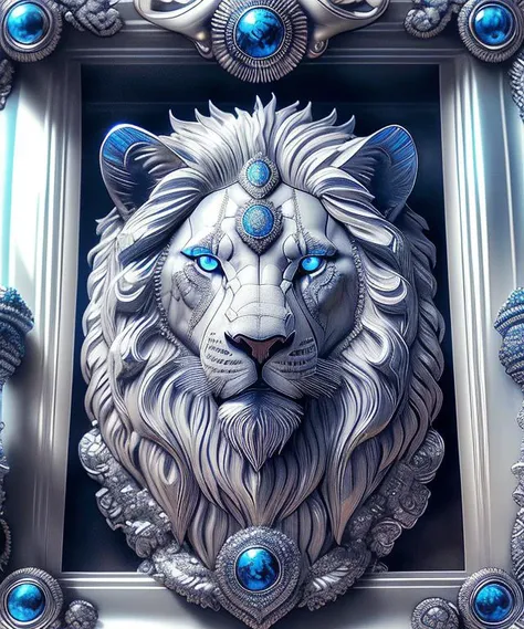Lion, blue eyes, ornate frame, regal, majestic, mane, fur, well groomed, intricate carvings, patterns<lora:fusionart_v3:0.85>