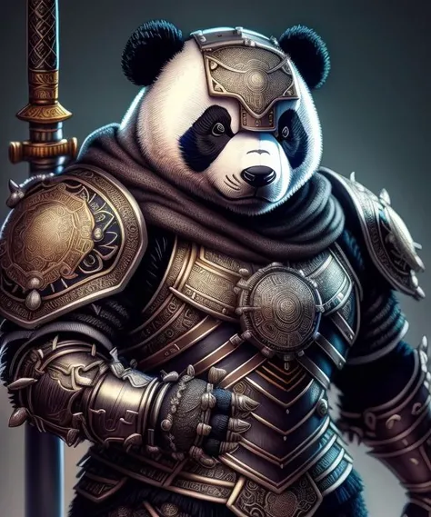 Panda, armor, sword, helmet, metal, intricate designs,<lora:fusionart_v3:0.85>