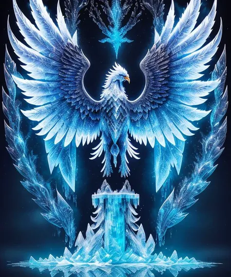 Phoenix, Mythical Creature, Ice Crystals, Wings Spread Wide, Body Covered in Ice Crystals, Standing on Water, Beak Open, Calling Out, Dark, Mysterious <lora:fusionart_v3:0.85>