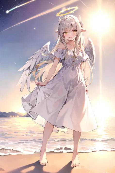 panorama,seaside,agirl,full body,standing,halo,happy,angel wings,white hair,yellow eyes, long hair,sundress,sunset,(shooting star:0.9),lens flare