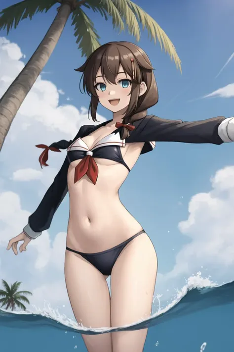 masterpiece, best quality, absurdres, perfect anatomy, 1girl, solo, shrug \(clothing\), long sleeves, ShigureKancolle, long hair, single braid, hair flaps, ShigureBikini, sarong, sailor bikini, beach, palm tree, water, (partially submerged), smile, :d, spread arms, dynamic pose