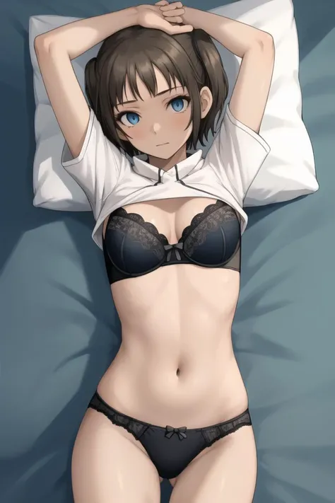 masterpiece, best quality, absurdres, perfect anatomy, 1girl, solo, black shrug \(clothing\), skin tight shrug \(clothing\), short sleeves, Ronye Arabel, short hair, blue eyes, underwear, lying, on back, on bed, arms above head