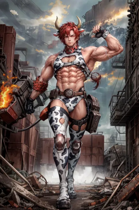<lora:Clothing - Gay Cow Suit:0.7> cowsuit, cow horns, cow ears, cow tail, man with fiery red hair and piercing red eyes, exuding a rugged aura inside an abandoned industrial complex. Striking a powerful, manly pose with arms raised to showcase his armpits, highlighting his well-built torso and defined abs. The background is a blend of rustic metal structures and aged machinery, creating a stark contrast with his vibrant appearance. The scene captures his raw masculinity amidst the decay of industrial decay, with dramatic lighting accentuating his features and physique, <lora:add_detail:1>