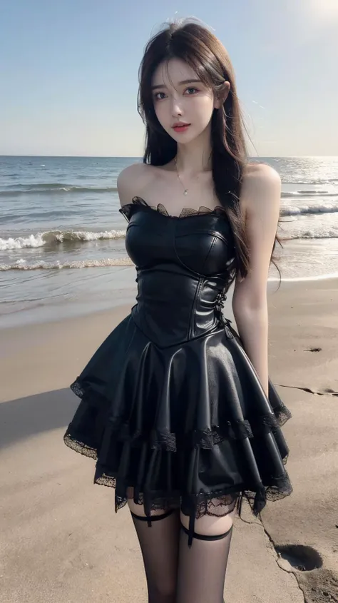masterpiece,best quality,bright colors,solo,photo_,(1girl:1.3),(standing:1.3),(looking at viewer:1.4),Elegant,detailed gorgeous face,(cowboy shot:1.4),realistic,dappled sunlight,(seaside background:1.4),sun,,MIS,lace,black dress,leather,black thighhighs,<lora:MIS43:0.75>