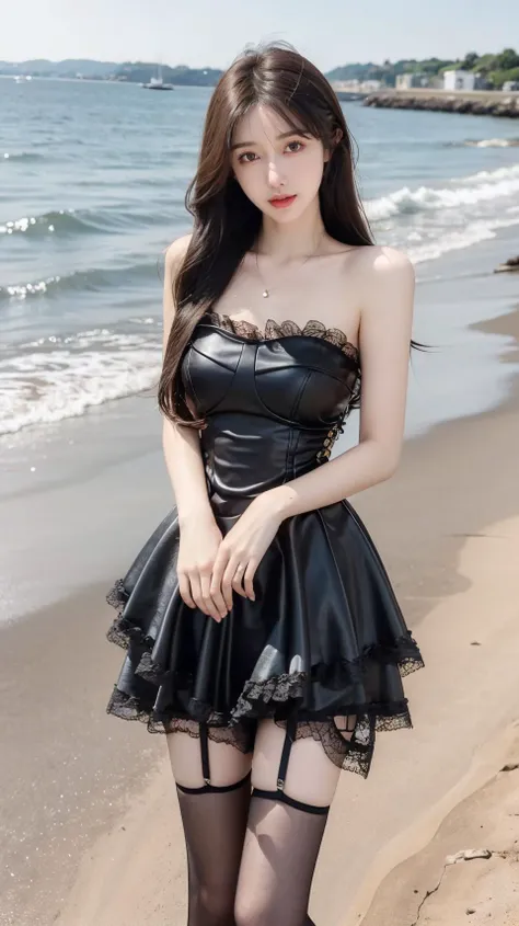 masterpiece,best quality,bright colors,solo,photo_,(1girl:1.3),(standing:1.3),(looking at viewer:1.4),Elegant,detailed gorgeous face,(cowboy shot:1.4),realistic,dappled sunlight,(seaside background:1.4),sun,,MIS,lace,black dress,leather,black thighhighs,<lora:MIS43:0.75>