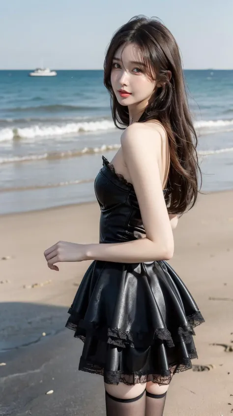 masterpiece,best quality,bright colors,solo,photo_,(1girl:1.3),(standing:1.3),(looking at viewer:1.4),Elegant,detailed gorgeous face,(cowboy shot:1.4),realistic,dappled sunlight,(seaside background:1.4),sun,,MIS,lace,black dress,leather,black thighhighs,<lora:MIS43:0.75>