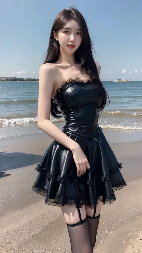masterpiece,best quality,bright colors,solo,photo_,(1girl:1.3),(standing:1.3),(looking at viewer:1.4),Elegant,detailed gorgeous face,(cowboy shot:1.4),realistic,dappled sunlight,(seaside background:1.4),sun,,MIS,lace,black dress,leather,black thighhighs,<lora:MIS43:0.75>