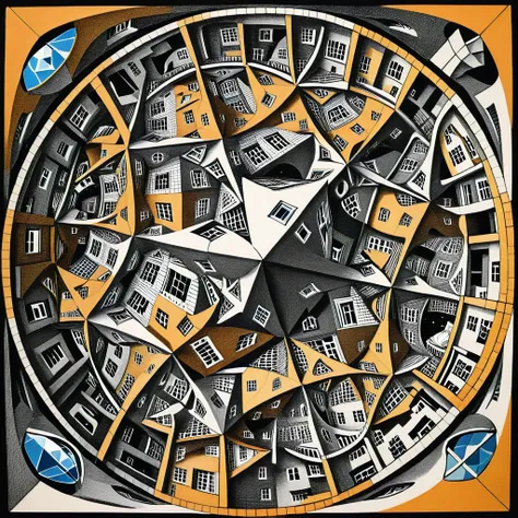 tessellating buildings with windows in the style of M.C. Escher, An optical paradox:1.2 art by escher, Icosahedron, fish-eye lens <lora:Escher_SDXL:1>