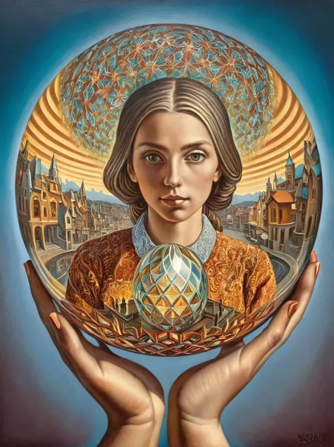 A girl, a glass ball in her hand reflecting herself, front view, Amanda Sage style, <lora:last-000002:1>, art by escher, <lora:Escher_SDXL:0.75>,
bold colors, high contrast, extremely detailed, high quality, highly detailed,