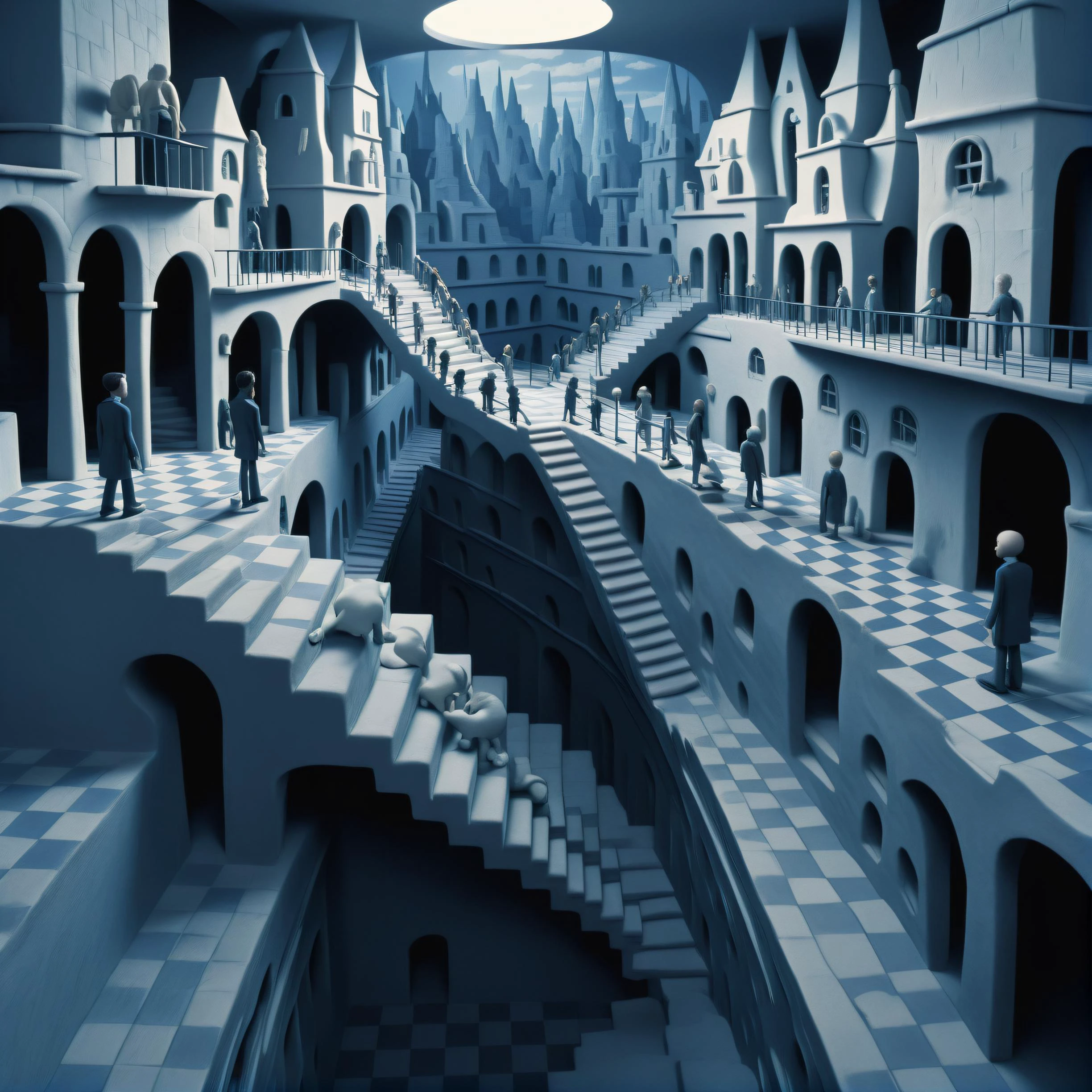 <lora:DD-made-of-clay-XL-v2:0.9> 3d textured underground city environment made of clay, (black and white chroma:0.7), vast cityscape tunnels of stairs leading to several tiled checkered floor platforms, infinity architecture impossible geometry, surrealist stairways everywhere, staircase fractals, <lora:Escher_Blend:1.0> , claymation film still, photographic depth of field, caustics, realistic shadows, distant black silhouetted figure person standing in the distance, faded dark blue color hue shadows, fever cold lighting hue, <lora:FF-Style-Rafal-Olbinski.LORA:0.8>