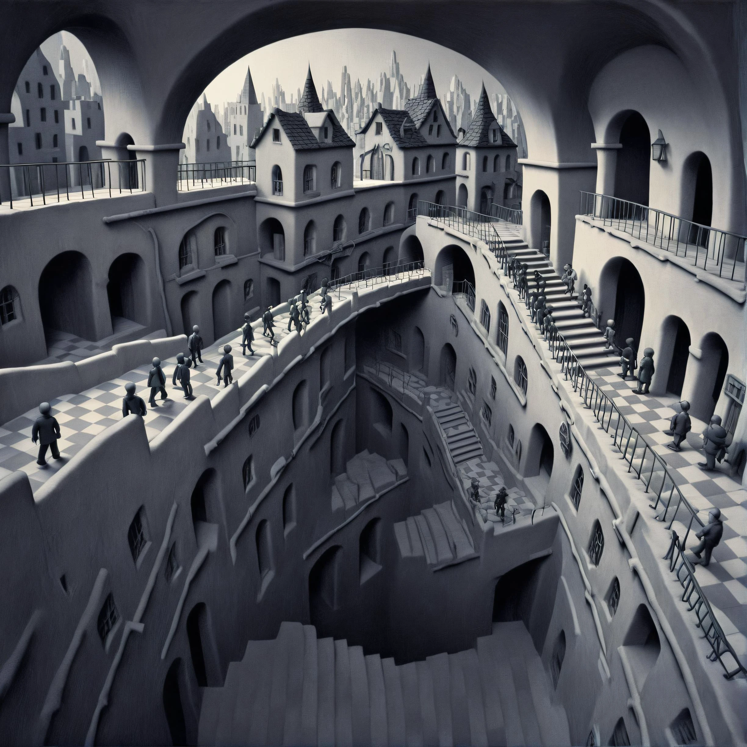 <lora:DD-made-of-clay-XL-v2:0.9> 3d textured underground city environment made of clay, (black and white chroma:0.7), vast cityscape tunnels of stairs leading to several tiled checkered floor platforms, infinity architecture impossible geometry, surrealist stairways everywhere, staircase fractals, <lora:Escher_Blend:1.0> , claymation film still, photographic depth of field, caustics, realistic shadows, distant black silhouetted figure person standing in the distance, faded dark blue color hue shadows, fever cold lighting hue, <lora:CaricatureStyle:0.8>