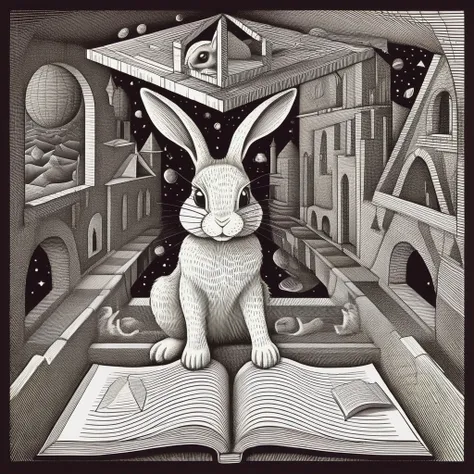 a cute Bunny reads a book of mysteries, in the style of M.C. Escher, evening in a impossible room with geometric shapes, (Chiaroscuro), An optical paradox:1.2 art by escher, (Icosahedron)1.3 <lora:Escher_SDXL:1>
