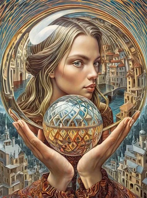 A girl, a glass ball in her hand reflecting herself, front view, Amanda Sage style, <lora:last-000002:1>, art by escher, <lora:Escher_SDXL:0.75>,
bold colors, high contrast, extremely detailed, high quality, highly detailed,