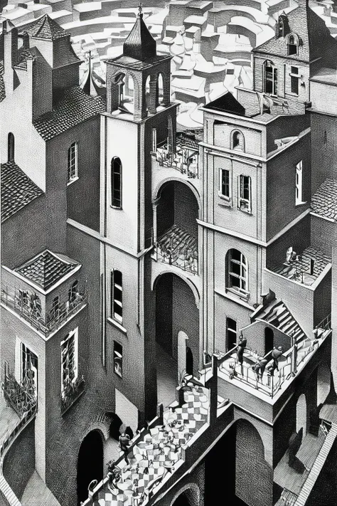 A surreal nod to Escher's mastery:1.2,this artwork immerses viewers in a world of paradoxes:1.2 where hands:1.1 draw each other into existence,forming an endlessly self-referential loop:1.1,an homage to the artist's optical brilliance:1.2,art by escher,<lora:Escher_Blend:1>,